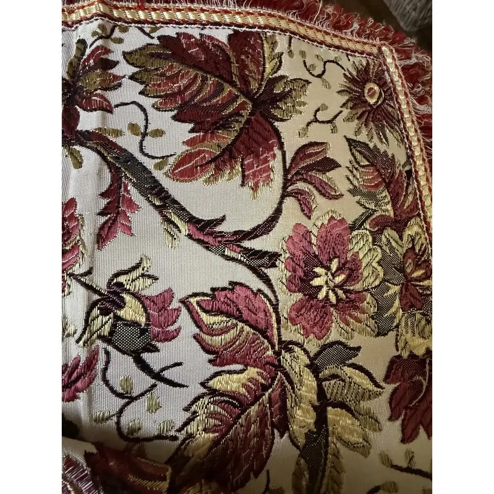 Vintage MCM Damask Fringed Tablecloth Floral Reversible Satin silk Registado AVA